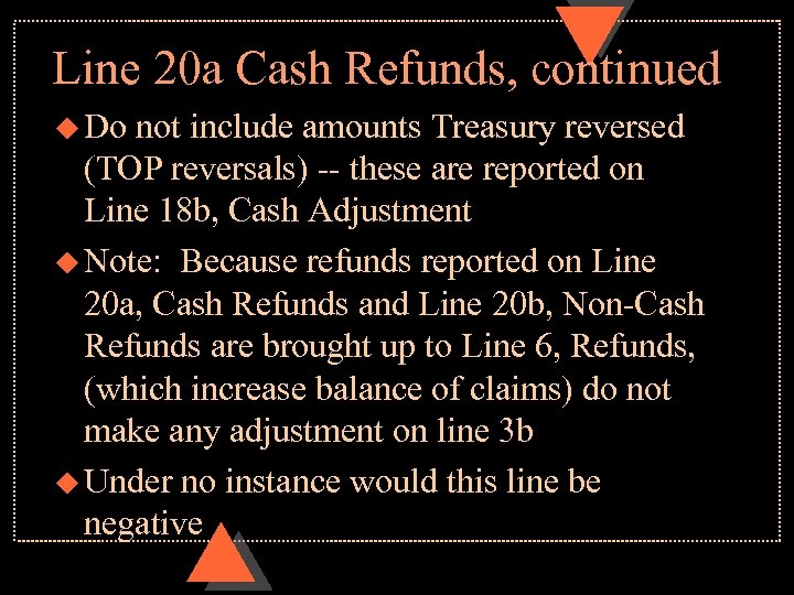 Line 20 a Cash Refunds, continued u Do not include amounts Treasury reversed (TOP