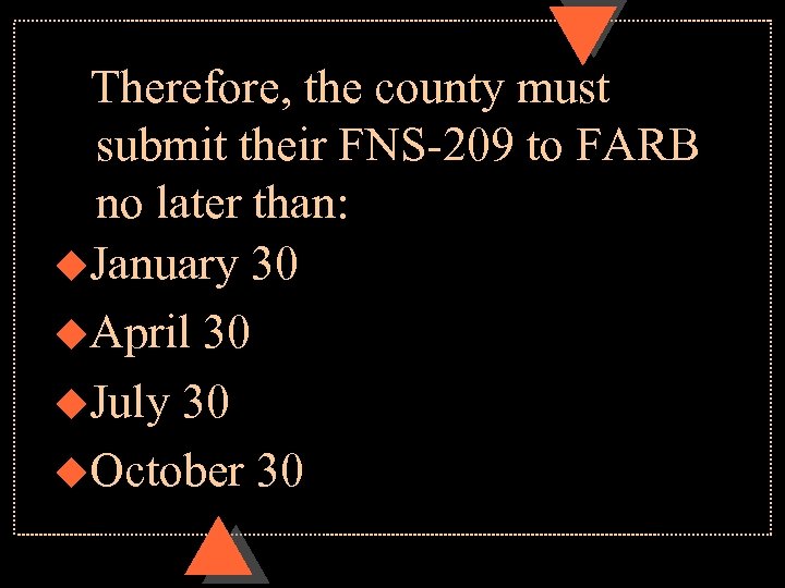 Therefore, the county must submit their FNS-209 to FARB no later than: u. January