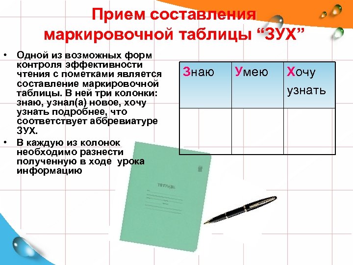 Прием составления маркировочной таблицы “ЗУХ” • Одной из возможных форм контроля эффективности чтения с