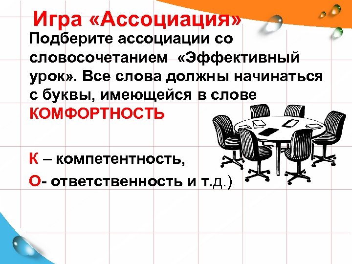 Игра «Ассоциация» Подберите ассоциации со словосочетанием «Эффективный урок» . Все слова должны начинаться с
