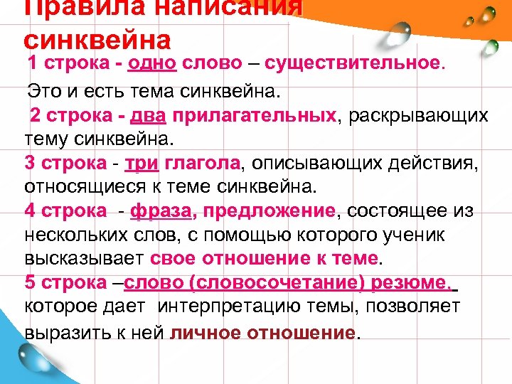 Правила написания синквейна 1 строка - одно слово – существительное Это и есть тема