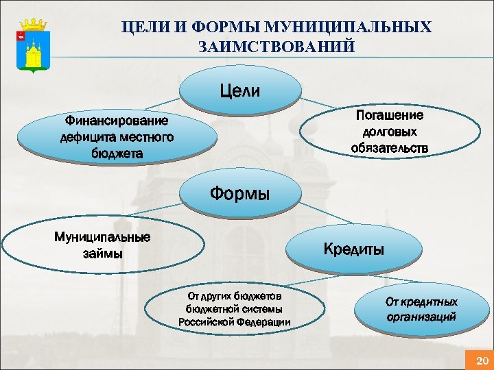 ЦЕЛИ И ФОРМЫ МУНИЦИПАЛЬНЫХ ЗАИМСТВОВАНИЙ Цели Погашение долговых обязательств Финансирование дефицита местного бюджета Формы