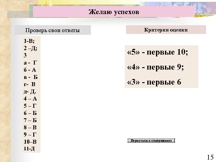 Желаю успехов Проверь свои ответы 1 -В; 2 –Д; 3 а- Г б-А в-