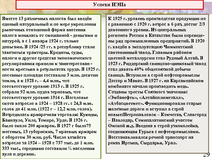 Успехи НЭПа Вместо 13 различных налогов был введён единый натуральный и по мере укрепления