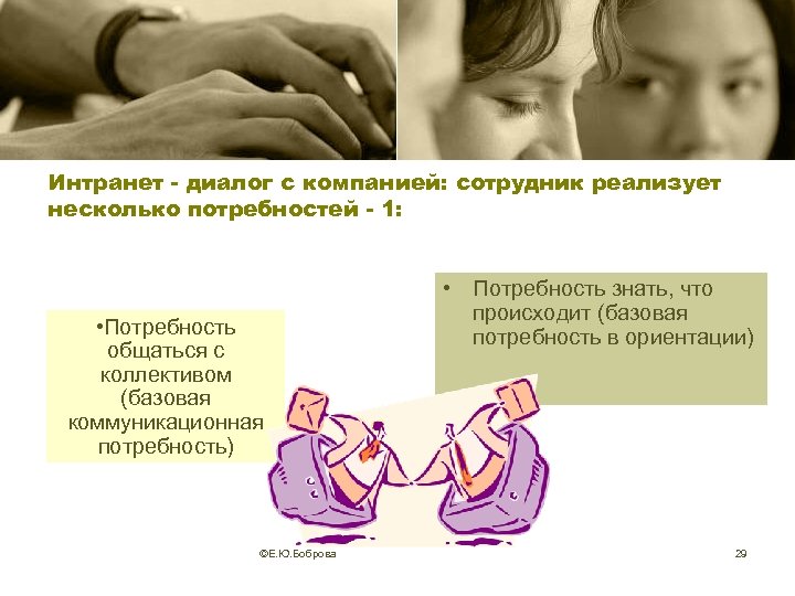 Интранет - диалог с компанией: сотрудник реализует несколько потребностей - 1: • Потребность общаться