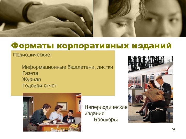 Форматы корпоративных изданий Периодические: Информационные бюллетени, листки Газета Журнал Годовой отчет Непериодические издания: Брошюры