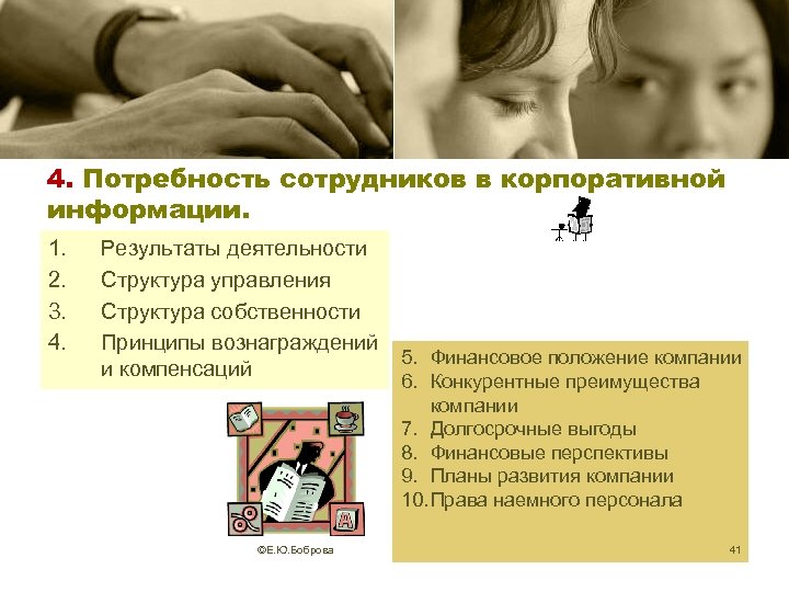 4. Потребность сотрудников в корпоративной информации. 1. 2. 3. 4. Результаты деятельности Структура управления