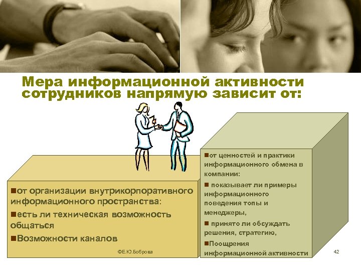 Мера информационной активности сотрудников напрямую зависит от: nот ценностей и практики информационного обмена в