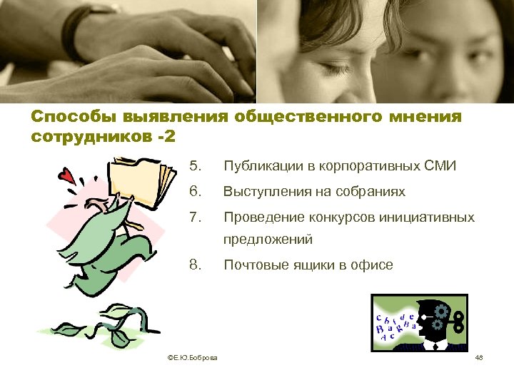 Способы выявления общественного мнения сотрудников -2 5. Публикации в корпоративных СМИ 6. Выступления на