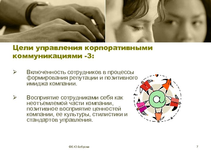 Цели управления корпоративными коммуникациями -3: Ø Включенность сотрудников в процессы формирования репутации и позитивного