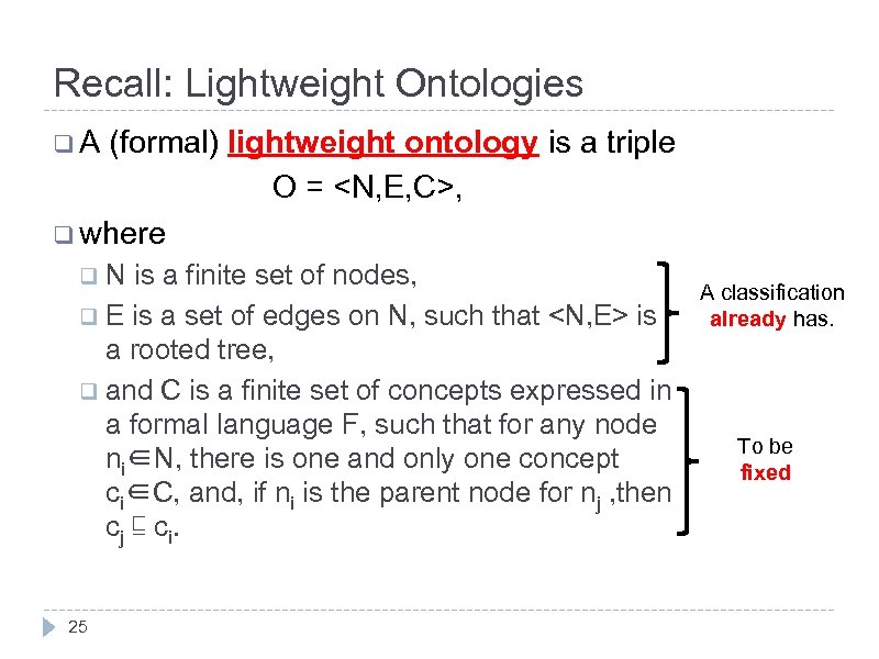 Recall: Lightweight Ontologies q. A (formal) lightweight ontology is a triple O = <N,