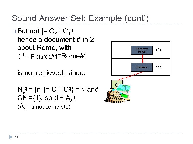 Sound Answer Set: Example (cont’) q But not |= C 2 ⊑ C 1