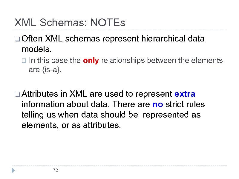 XML Schemas: NOTEs q Often XML schemas represent hierarchical data models. q In this
