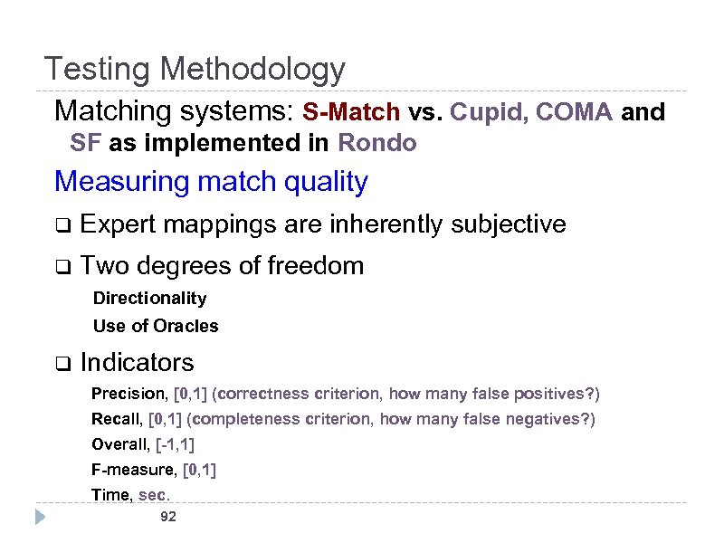 Testing Methodology Matching systems: S-Match vs. Cupid, COMA and SF as implemented in Rondo