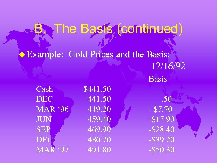 B. The Basis (continued) u Example: Gold Prices and the Basis: 12/16/92 Basis Cash