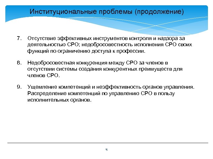 Институциональные проблемы (продолжение) 7. Отсутствие эффективных инструментов контроля и надзора за деятельностью СРО; недобросовестность