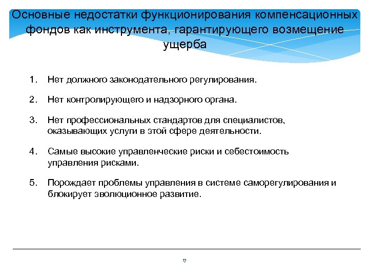 Основные недостатки функционирования компенсационных фондов как инструмента, гарантирующего возмещение ущерба 1. Нет должного законодательного