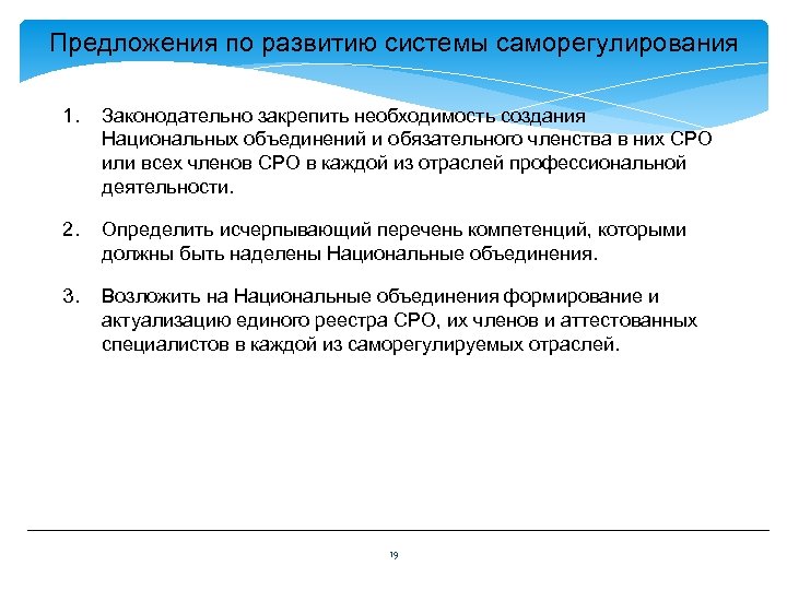 Предложения по развитию системы саморегулирования 1. Законодательно закрепить необходимость создания Национальных объединений и обязательного