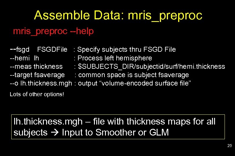 Assemble Data: mris_preproc --help --fsgd FSGDFile : Specify subjects thru FSGD File --hemi lh