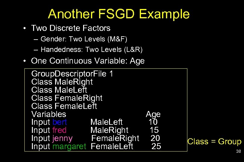 Another FSGD Example • Two Discrete Factors – Gender: Two Levels (M&F) – Handedness: