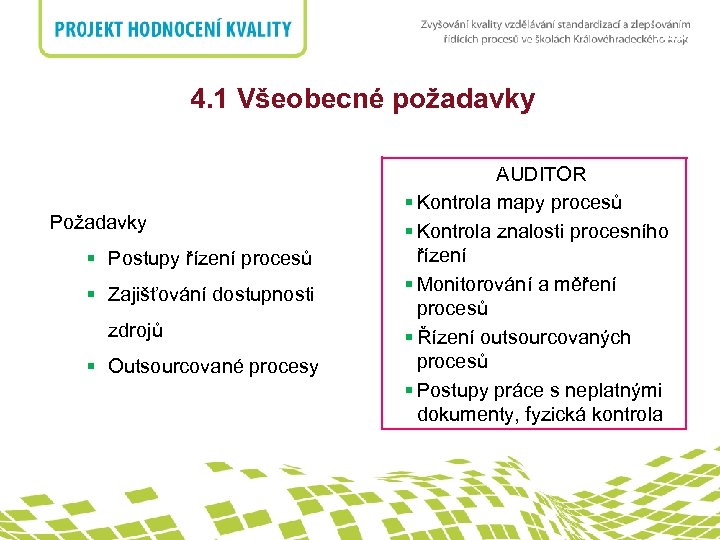 nadpis 4. 1 Všeobecné požadavky Požadavky § Postupy řízení procesů § Zajišťování dostupnosti zdrojů