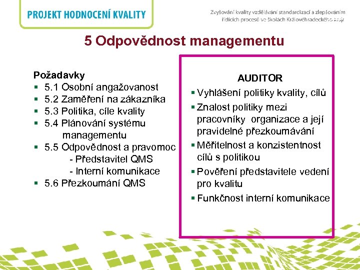 nadpis 5 Odpovědnost managementu Požadavky § 5. 1 Osobní angažovanost § 5. 2 Zaměření