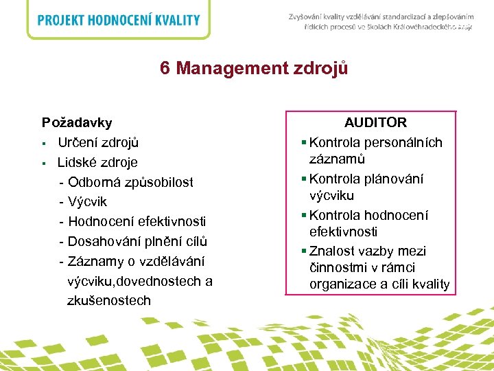 nadpis 6 Management zdrojů Požadavky § Určení zdrojů § Lidské zdroje - Odborná způsobilost