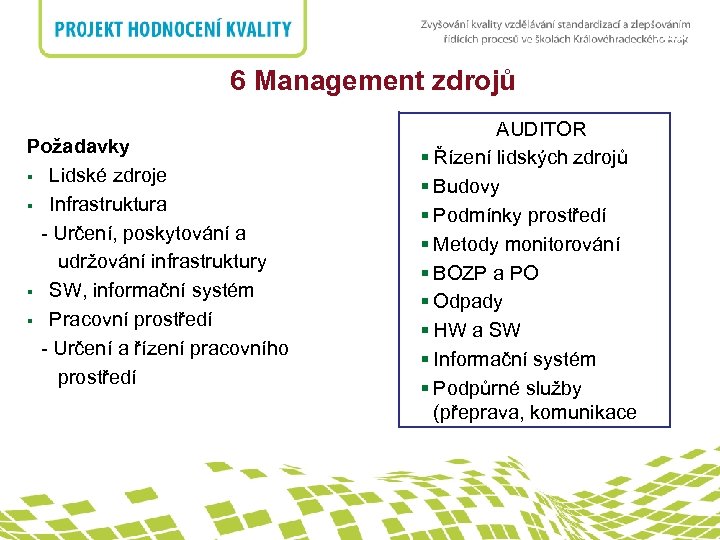 nadpis 6 Management zdrojů Požadavky § Lidské zdroje § Infrastruktura - Určení, poskytování a