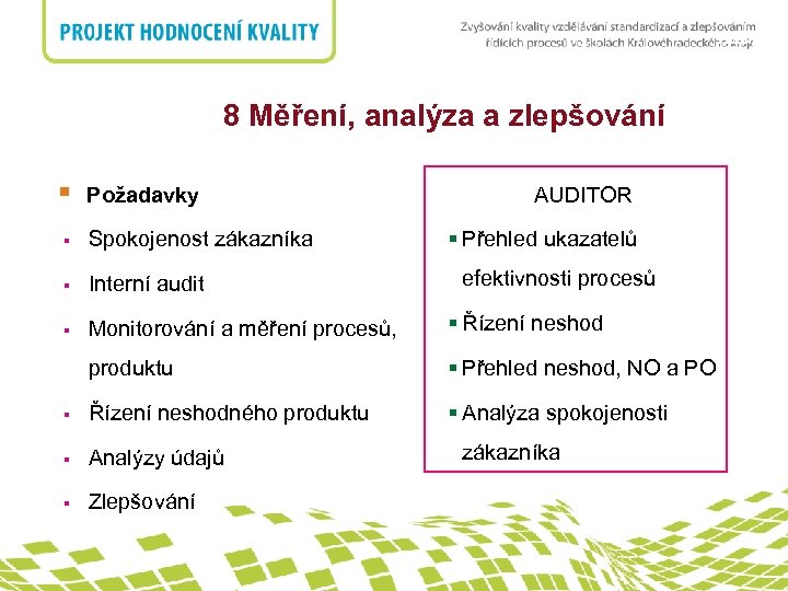 nadpis 8 Měření, analýza a zlepšování § Požadavky AUDITOR § Přehled ukazatelů § Spokojenost