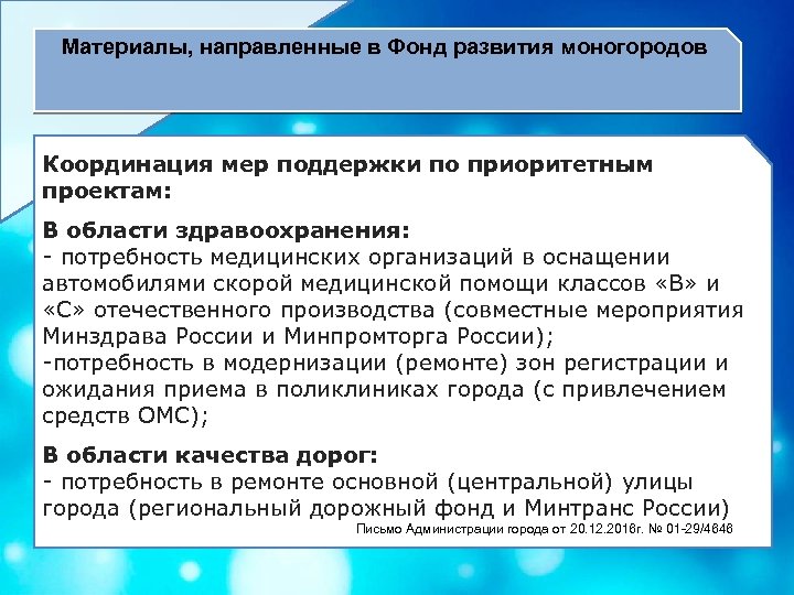 Материалы, направленные в Фонд развития моногородов Координация мер поддержки по приоритетным проектам: В области