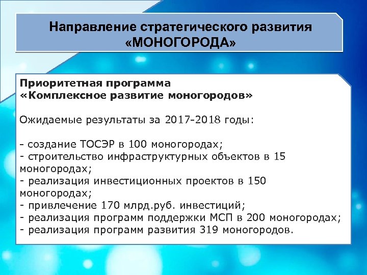 Направление стратегического развития «МОНОГОРОДА» Приоритетная программа «Комплексное развитие моногородов» Ожидаемые результаты за 2017 -2018