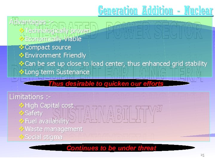 Generation Addition - Nuclear Advantages : - v. Technologically proven v. Economically Viable v.