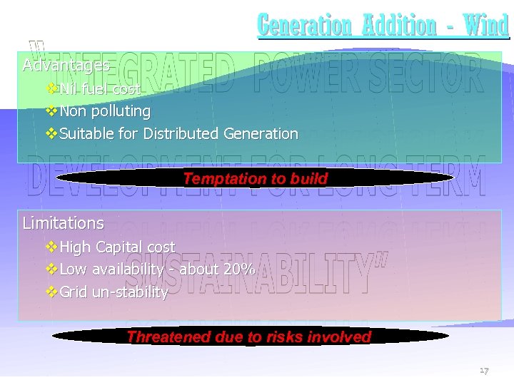 Generation Addition - Wind Advantages v. Nil fuel cost v. Non polluting v. Suitable