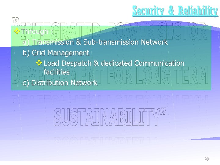 Security & Reliability v. Through : a) Transmission & Sub-transmission Network b) Grid Management