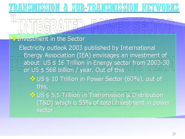 TRANSMISSION & SUB-TRANSMISSION NETWORKS v. Investment in the Sector Electricity outlook 2003 published by