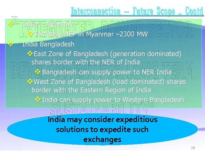 Interconnection – Future Scope. . Contd v India – Myanmar v. Tamanthi HEP in