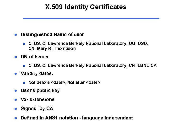 X. 509 Identity Certificates l Distinguished Name of user n l DN of Issuer