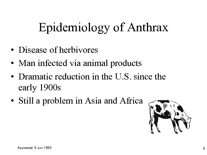Epidemiology of Anthrax • Disease of herbivores • Man infected via animal products •