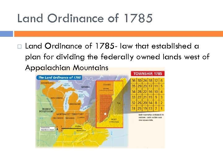 Land Ordinance of 1785 Land Ordinance of 1785 - law that established a plan
