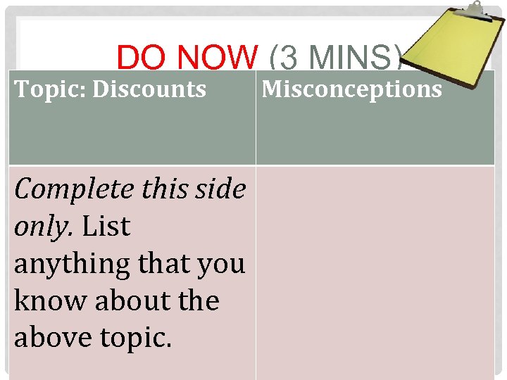 DO NOW (3 MINS) Topic: PKB (PRIOR KNOWLEDGE BOX) Discounts Misconceptions Complete this side