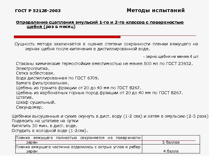 ГОСТ Р 52128 -2003 Методы испытаний Определение сцепления эмульсий 1 -го и 2 -го