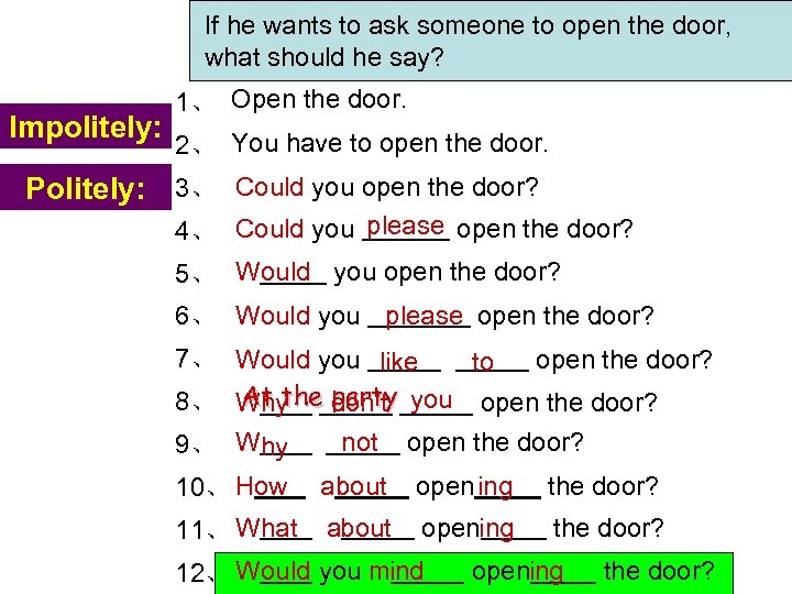 If he wants to ask someone to open the door, what should he say?