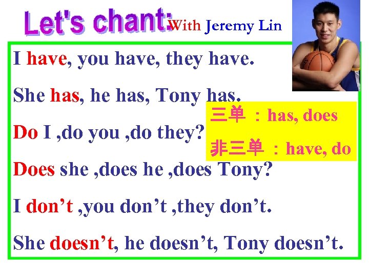 With Jeremy Lin I have, you have, they have. She has, Tony has. Do