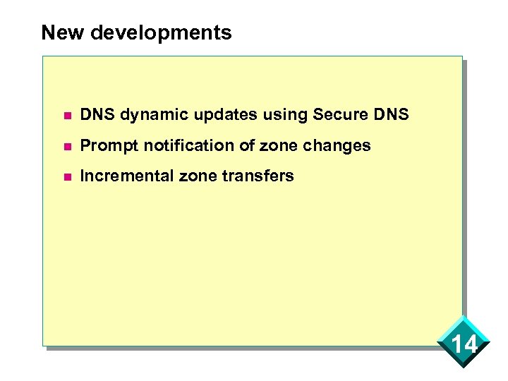 New developments n DNS dynamic updates using Secure DNS n Prompt notification of zone