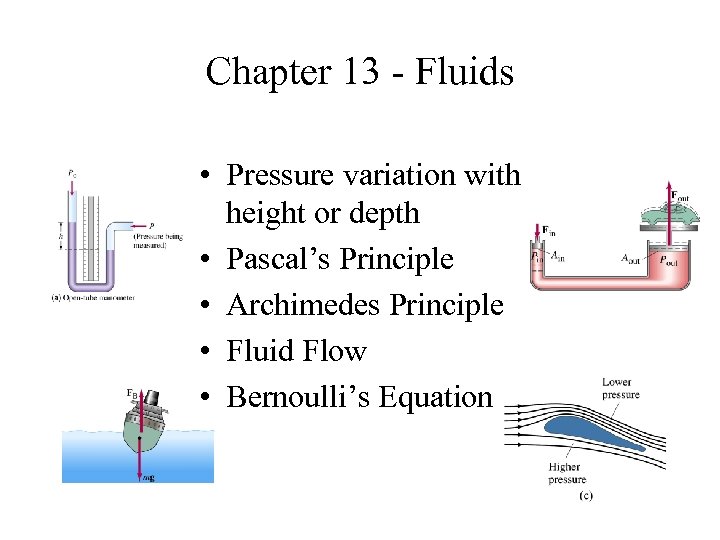 Chapter 13 - Fluids • Pressure variation with height or depth • Pascal’s Principle