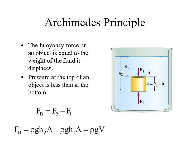 Archimedes Principle • The buoyancy force on an object is equal to the weight