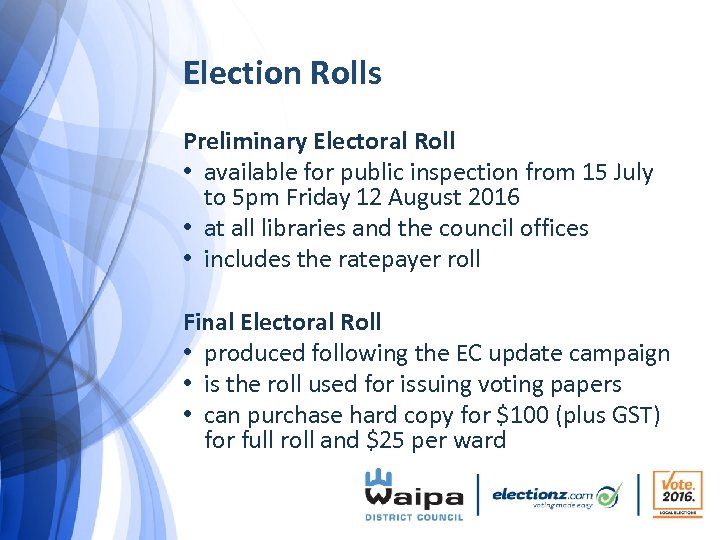 Election Rolls Preliminary Electoral Roll • available for public inspection from 15 July to