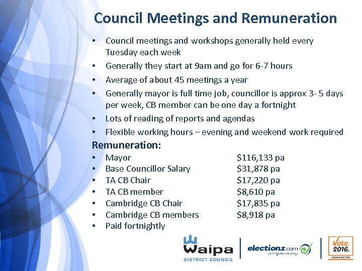 Council Meetings and Remuneration • • • Council meetings and workshops generally held every
