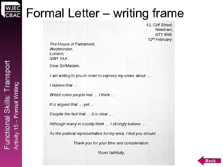 Formal Letter – writing frame The House of Parliament, Westminster, London, SW 1 1