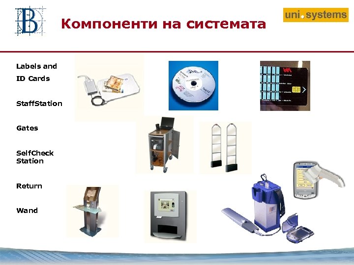 Компоненти на системата Labels and ID Cards Staff. Station Gates Self. Check Station Return